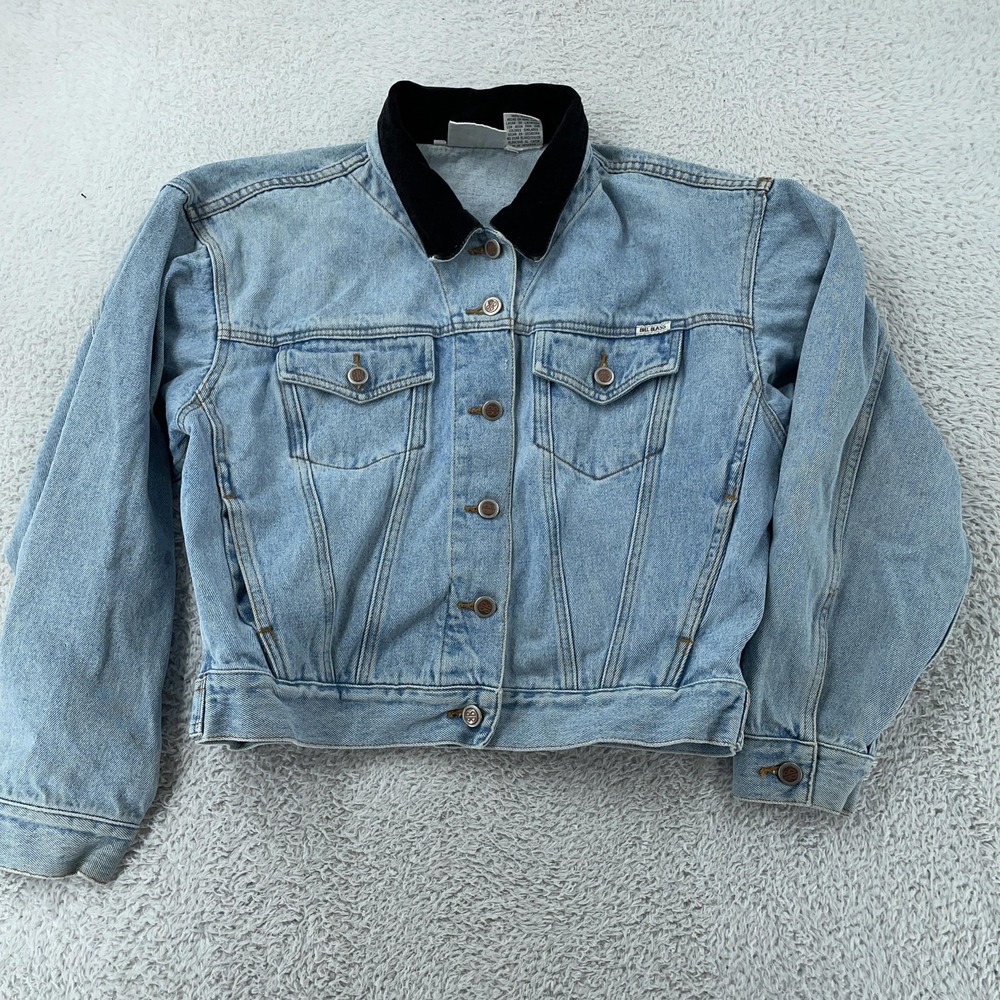Vtg Bill Blass Denim Jacket Womens M CROP FIT‎ Black Velvet Collar Trucker 90s